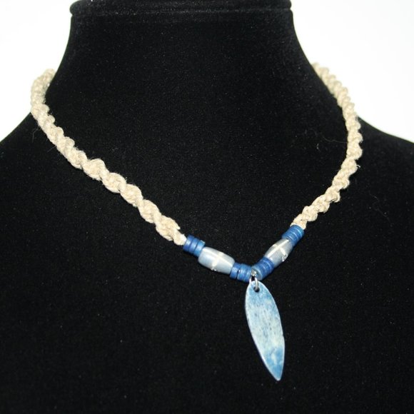 Hemp and blue surfboard necklace 16" beach vibes